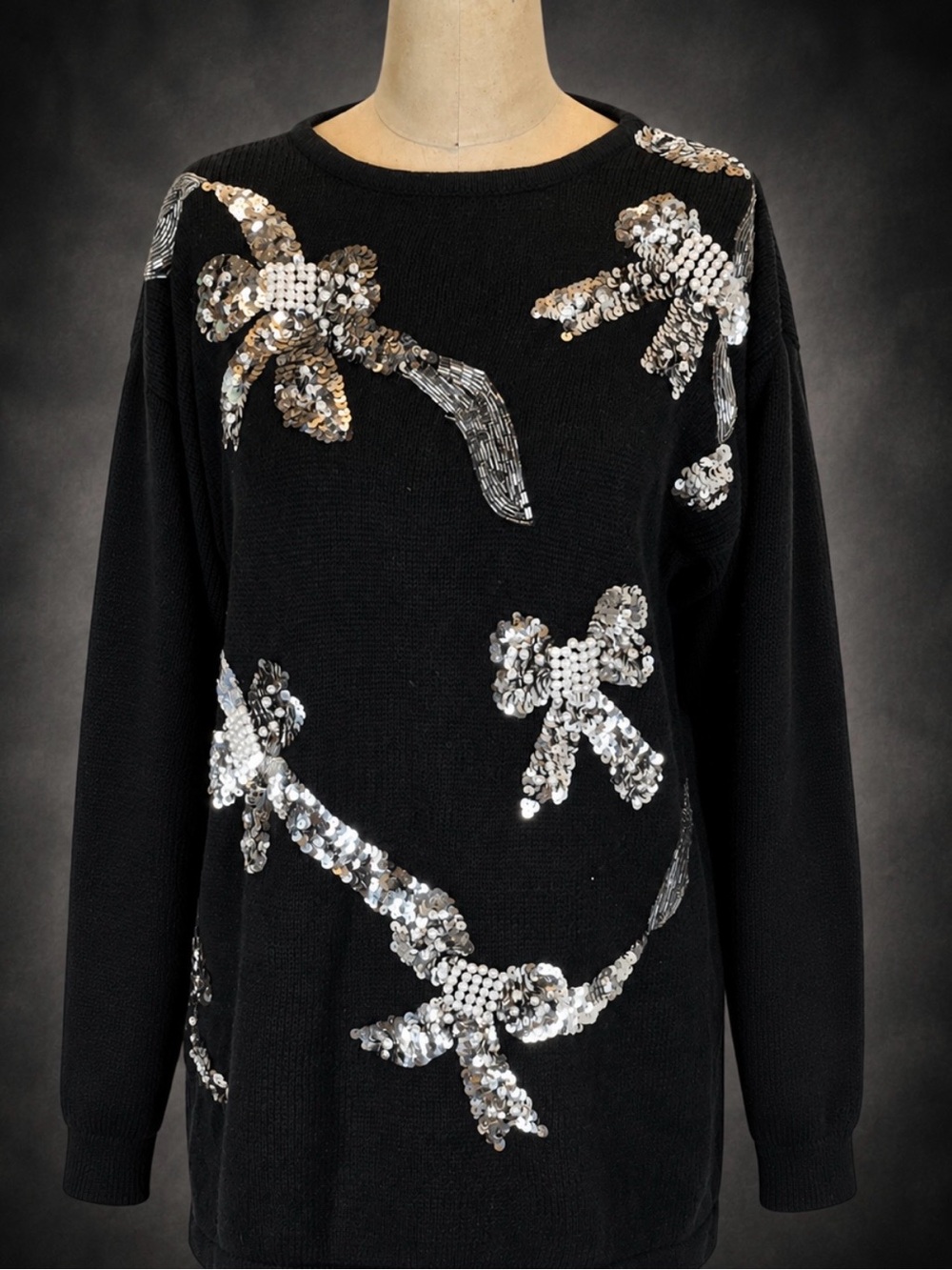 VINTAGE glam sequin bows knit sweater tunic sparkle beads silver black 80s 90s